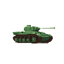 A pixelated WWII-era Soviet T-34 tank, rendered in muted greens and browns, stands stoically in profile. The detailed design evokes a sense of nostalgia and power, reminiscent of classic war games.
