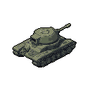 This pixel art showcases an olive green tank in isometric view, its turret rotated right, rendered with stark simplicity against a black background. The muted color palette and detailed shading highlight the tank's utilitarian design.