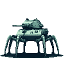 A teal-toned, pixelated tank with spider-like legs stands ready, evoking a futuristic war machine. Its cylindrical body and imposing cannon give off the vibe of alternate-history military technology.