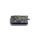 This pixel art image showcases a top-down view of a muted grey-tan tank, complete with a turret and contrasting dark grey tracks. A small, bright green accent on the turret adds a pop of color to the otherwise utilitarian design. The tank's isolated against a black background emphasizes its solitary presence.