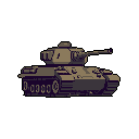 This pixel art image presents a detailed, stationary military tank rendered in muted browns and greys, its barrel poised and ready. The technical style and somber palette create a stark and serious vibe, reminiscent of a vintage game sprite.