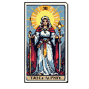 This pixel art tarot card depicts a regal woman, "TRIUMPH.", holding a staff and sword against a radiant sunburst, embodying power and solemn authority. The classic color palette and retro aesthetic evoke a sense of ancient wisdom.