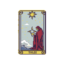 This pixel art tarot card depicts a hooded figure in a red robe holding a shining star under a starry sky. The card, numbered "THREE," evokes a mystical and serene vibe with its muted colors and celestial imagery.