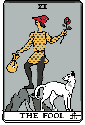 This pixel art "Fool" tarot card depicts a stylized figure with a red hat, patterned garment, and a trusty dog companion, holding a yellow sack and a red rose on a rocky outcrop. The retro design captures the whimsical essence of the classic card.