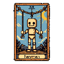 This pixel art tarot card depicts "The Hanged Man" as a smiling wooden puppet suspended upside down, offering a softened take on the card's unsettling symbolism. Against a stylized sky and landscape, the puppet's neutral expression and bright colors create a vintage and thought-provoking interpretation.