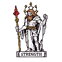 This pixel art depicts a deity-like figure, perhaps Strength from tarot, wielding a spear and radiating power with a golden halo. Clad in white robes, they embody divine strength and stoicism against a stark background, further emphasized by the banner reading "STRENGTH".