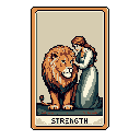 This pixel art "Strength" tarot card depicts a woman gently taming a lion, showcasing inner power and harmony. The muted color palette and retro style evoke a nostalgic and symbolic feel.