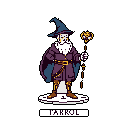 Meet Farkas, a pixelated mage with a white beard and purple robes, standing ready with his staff against a stark background. This character-focused image evokes a sense of quiet power and fantasy.