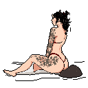 A lone woman with pixelated tattoos sits in profile, clad in a dark red bikini, against a stark black background. The image evokes a sense of solitude and contemplation.