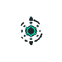 This pixel art features a mesmerizing, pulsating teal energy core against a stark black backdrop, evoking a futuristic tech interface. Concentric rings of pixels, arrows, and data streams create a dynamic, retro-futuristic symbol.