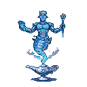 A futuristic, cyborg-like genie emerges from an ornate lamp, its metallic body glowing with orange accents against a backdrop of swirling blue energy. The powerful figure blends ancient mysticism with advanced technology, creating a mesmerizing display of magical cybernetics.