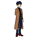This pixel art showcases a confidently posed character with dark blue hair, clad in a brown overcoat, red shoes, and a muted color palette. His relaxed posture and neutral expression create a vibe of quiet assurance.