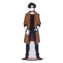 This pixel art showcases a stylish figure in a long trench coat, dark pants, and brown shoes, rendered in a muted color palette. The figure's anonymity and fashionable attire create a mysterious and intriguing vibe.