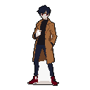 A cool and mysterious character in a brown coat and dark blue pants stands against a black backdrop, cigarette in hand and red eyes hinting at intensity. His stylish, muted tones create a captivating and slightly enigmatic portrait.
