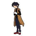 This pixel art features a slender young man with red eyes and a tan trench coat, his gloved hands clasped in a thoughtful pose. The character's muted colors and downward gaze create an introspective and melancholic mood.