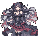This pixel art portrait features a gothic and elegant woman with striking red eyes and delicate details, offering a vulnerable yet refined presence. Her dark attire and flowing hair contrast with her pale skin, creating a melancholic and mysterious vibe. The subtle hand gesture and direct gaze invite the viewer into her world.
