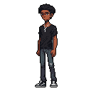 This pixel art portrait features a cool and collected character in casual streetwear, complete with a silver cross pendant, standing alert against a stark black backdrop. The detailed pixel work brings a modern yet nostalgic vibe to this urban portrait.