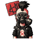This pixel art portrait captures a defiant punk figure, masked and mohawked, brandishing an anarchist flag. The character's gritty style, complete with a skull tee and leather jacket, evokes a rebellious and somewhat ominous vibe.