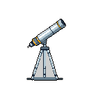 A pixel art telescope on a tripod points towards the stars, rendered in muted greys and golds against a stark black backdrop. This stylized depiction evokes a sense of observation and scientific curiosity.