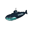 A whale-like submarine, christened "KADAI.," surfaces from the inky depths. This unique vessel blends marine biology with mechanical design, featuring a periscope-blowhole and splashy, pixelated waves.