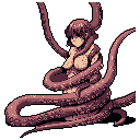 A lone woman is captured in pixel art, her vulnerability emphasized by the dark background and the thick tentacles that coil around her nude form. The limited reddish-brown palette and retro style create an unsettling and mysterious atmosphere.