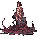 A lone figure stands enshrouded by a chaotic mass of candy-cane striped tendrils, her serene expression contrasting with the unsettling organic entanglement. The muted color palette and surreal scene evoke a melancholic mood of quiet containment or transformation.