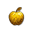 This pixel art image showcases a precious golden apple, richly textured with metallic golds and browns, evoking a sense of fantasy and timelessness. The solitary, glowing fruit, complete with a small golden leaf, stands out against the dark background, hinting at wealth and mystery.