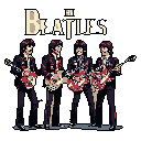 This pixel art piece captures the legendary Beatles in a retro-style group portrait, complete with their signature mop-tops, dark suits, and electric guitars. The band's logo floats above the quartet, instantly recognizable against a stark background.