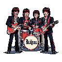 This pixel art captures The Beatles in their iconic mop-top era, performing with vibrant red and white instruments against a stark black backdrop. The energetic image depicts the band mid-song, conveying a sense of unity and classic rock nostalgia.