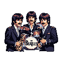 This pixel art tribute captures The Beatles in their iconic performance stance, complete with instruments and signature hairstyles. The image features the band members in dark suits, set against a stark background, emphasizing their musical unity. The "Beatles" text emblazoned on the drum kit solidifies the nostalgic vibe.