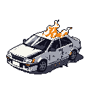 A white 80s/90s sedan is engulfed in flames in this dramatic pixel art image. The burning vehicle, isolated against a black background, evokes a sense of destruction and loss.