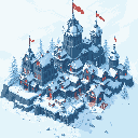 This pixel art depicts an isometric, snow-covered medieval castle settlement with striking red flags and subtle glowing windows that offer a glimpse of warmth amidst the stark winter landscape. The scene showcases the resilient, fortified architecture blanketed in snow, set against a backdrop of snowy terrain and dark evergreen trees.