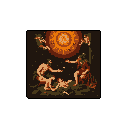 This pixel art scene depicts two figures reaching towards a glowing orb in a style reminiscent of classical creation narratives. The minimalist, earthy palette and pixelated aesthetic evoke a sense of ancient spirituality and awe.
