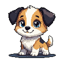 This pixel art features an adorable puppy sitting and smiling, its bright blue eyes full of cheer. The charming, brown-and-cream pup's endearing expression makes it impossible not to love.