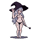 This pixel art depicts a cute and demure witch in minimalist swimwear, her shy pose and soft colors creating a tranquil mood. She's defined by her large witch's hat, wand, and striking red eyes against a stark black background.