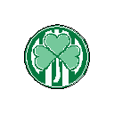 This pixel art emblem features a bright green shamrock encircled by alternating green and white stripes. The retro design, reminiscent of a logo or insignia, evokes Irish culture and a nostalgic video game aesthetic.