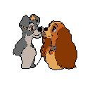 This pixel art captures a tender moment between Lady and Tramp, the beloved canine couple, in a nostalgic and romantic style. The two dogs are posed intimately, suggesting their iconic "spaghetti kiss" with warmth and affection. Their earthy tones pop against the solid black background, emphasizing the heartwarming connection between them.