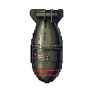 This pixel art image presents a detailed, top-down view of an olive drab bomb with red accents, emphasizing its weighty and ominous presence. The stark, monochromatic color scheme and meticulous pixel work highlight the bomb's industrial design and potential for impact.