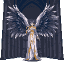 A majestic, pixelated angel with vast feathered wings dominates the scene. Adorned in a flowing gown with golden accents, the figure exudes ethereal power and solemnity.