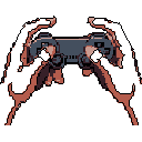 This pixel art captures the focused intensity of gaming with a pair of hands gripping a PlayStation-style controller. Rendered in a muted palette against a black void, the image evokes a sense of nostalgia and deep immersion.