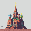 This pixel art showcases a majestic, St. Basil's-inspired cathedral with vibrant onion domes against a simple background. The detailed architecture and rich color palette evoke a sense of historical grandeur and serene beauty.
