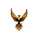 A majestic pixel art phoenix bursts forth in fiery hues of orange and yellow against a stark black background, its outstretched wings and flowing tail radiating power and rebirth. The glowing bird's regal crest and intricate feather details create a mystical and awe-inspiring image.