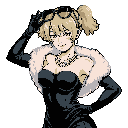 This pixel art showcases a confident anime-inspired woman with blonde pigtails, striking a playful pose with a knowing smirk. Adorned with a fur stole, pearl necklace, and long gloves, she exudes a retro glamour against a stark black background.