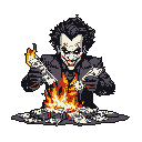 This pixel art image captures The Joker in a moment of gleeful destruction, burning a pile of money with a sinister grin. The stark contrast between the character's pale face, the vibrant flames, and the black background amplifies the chaotic and ominous vibe.
