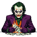 This pixel art Joker bust captures the villain in a moment of focused chaos, burning a pile of money with a mischievous grin. The stark contrast of his iconic makeup and fiery destruction creates an ominous and unsettling portrait.