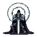 A lone, armored knight kneels in solemn devotion, hands clasped upon their sword planted in the ground. A radiant halo illuminates the scene, emphasizing the knight's reverence and quiet strength. The muted color palette adds to the image's melancholic and determined atmosphere.