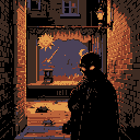 A shadowy figure with glowing eyes stands in a brick alley, gazing at a surreal sky where a sun and moon coexist. The pixel art evokes a sense of mystery and foreboding wonder, blending classic style with otherworldly elements.