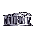 This pixel art depicts a solemn, partially ruined Parthenon-like temple rendered in shades of purple and grey. The iconic structure stands starkly against a black background, emphasizing its historical significance and quiet grandeur.