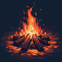 This pixel art image features a vibrant bonfire with flickering flames, its warm oranges and reds contrasting against a dark background. The fire's dynamic sparks and embers create a comforting and nostalgic scene.