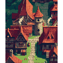 This pixel art showcases a cozy medieval village clinging to a hillside, featuring charming timber-framed houses with red-tiled roofs and a winding stone path. Lush foliage surrounds the settlement, adding to the idyllic and timeless atmosphere.